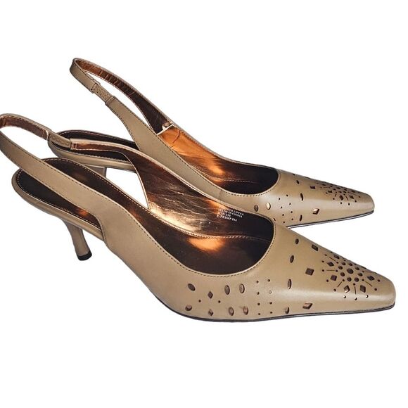 Etienne Agner NWOB Tan‎ Bronze Laser Cut Sling Back Pumps Stilettos Women's 8 - Picture 1 of 8